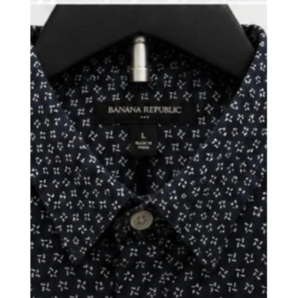 Banana Republic Mens Navy Blue Geometric Micro Print Cotton Button Down Shirt L